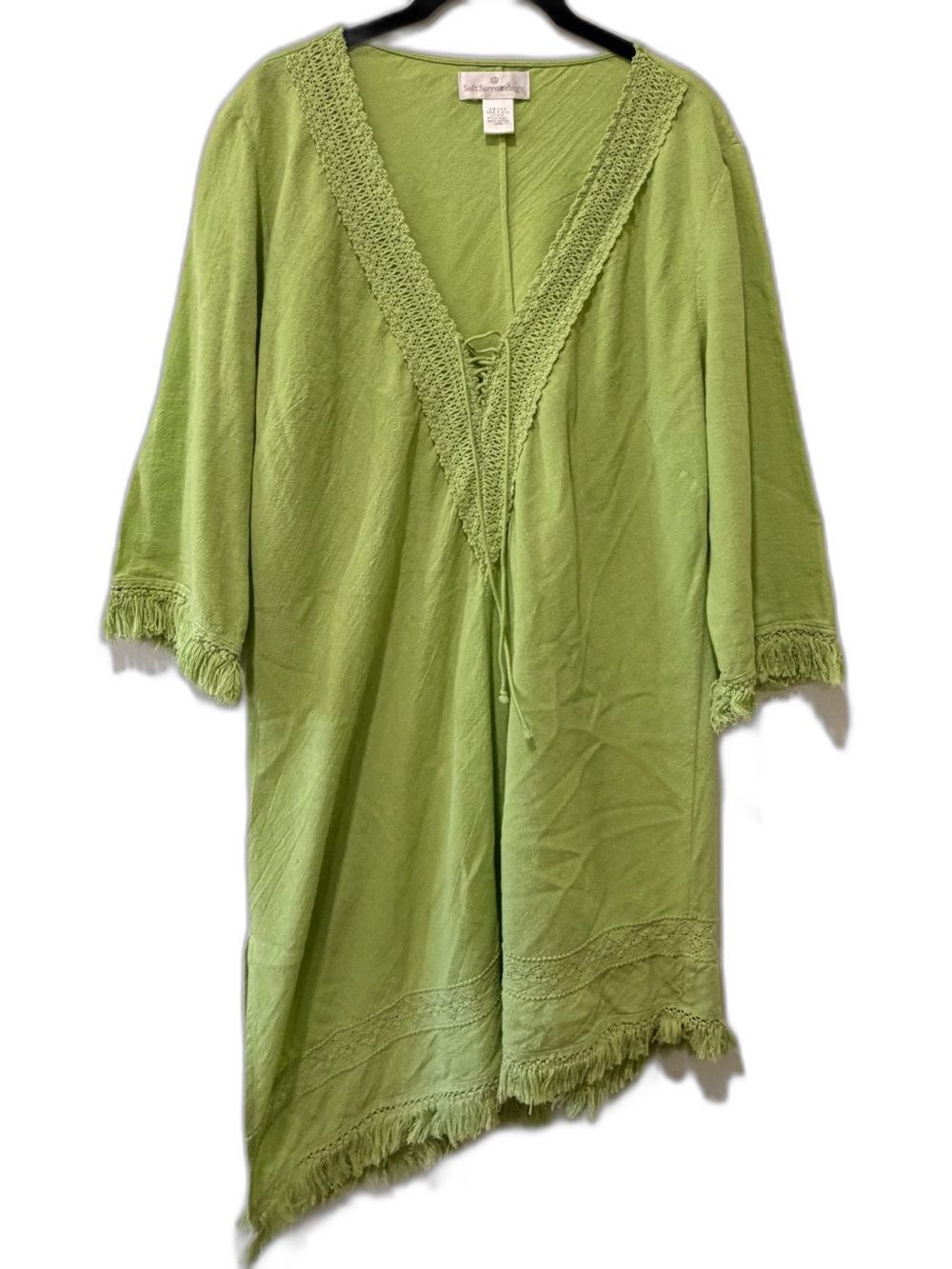 Soft Surroundings 100% Cotton Crochet Trim Fringe Tunic Cover-Up Lime Green Sz L